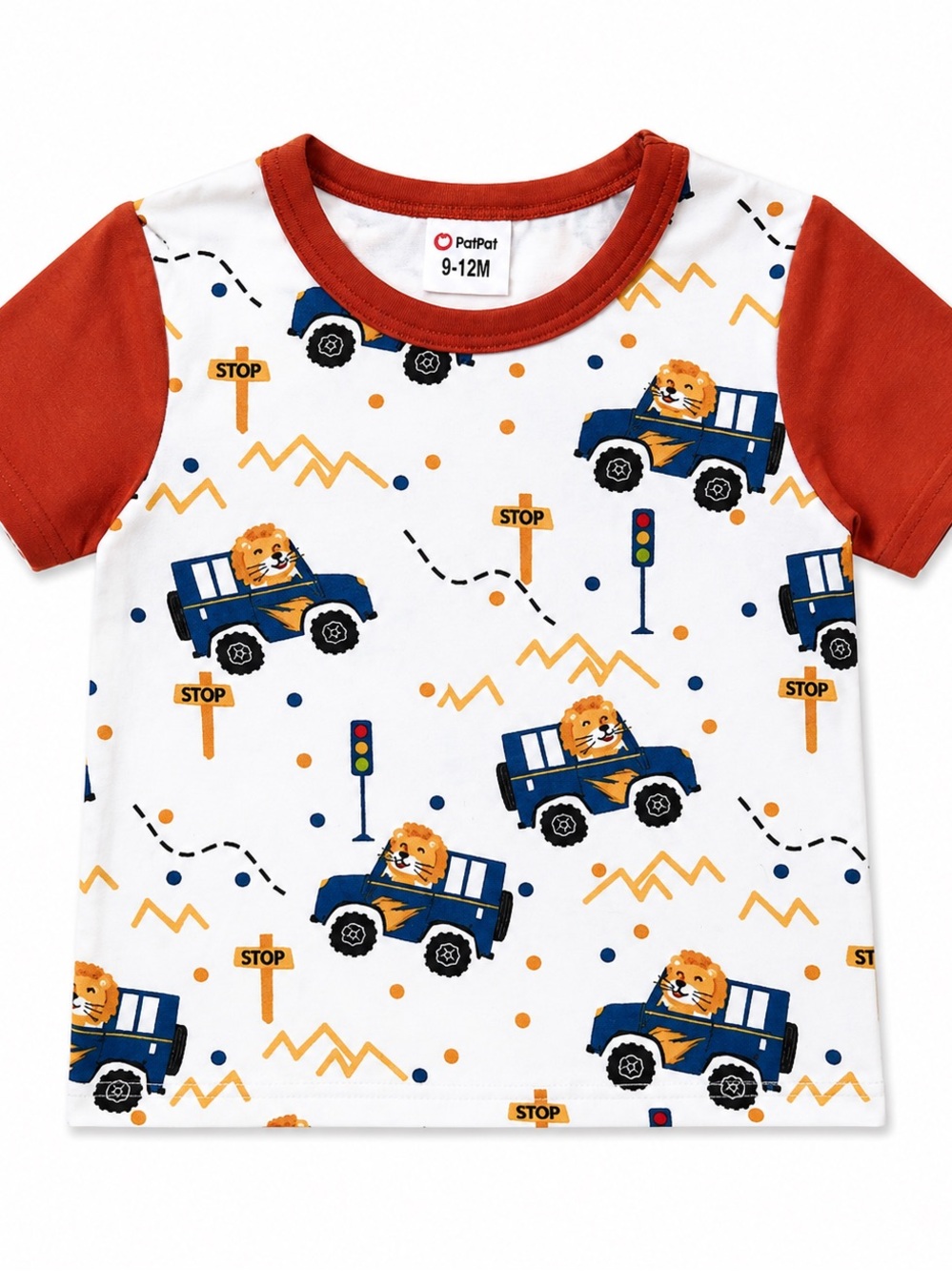 PatPat White Tee with Red Sleeves and Blue Lion Truck Print